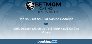 BetMGM Bonus Code BOOKIESBRP: Bet $5 Get $100 In Casino Bonuses on Jan 18th