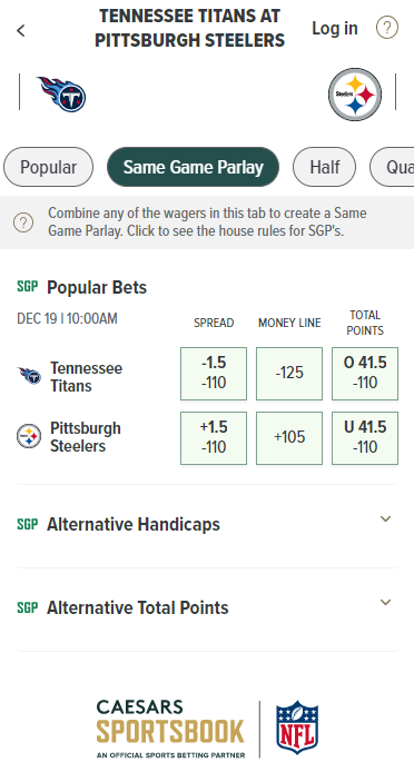 packers titans same game parlay