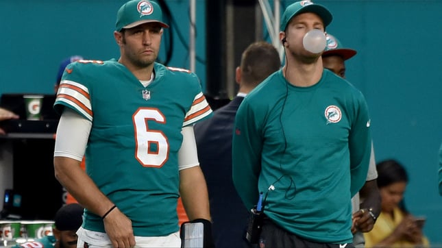 Ryan Tannehill sat out the 2017 NFL season with a preseason injury, assisting Jay Cutler on the sidelines.