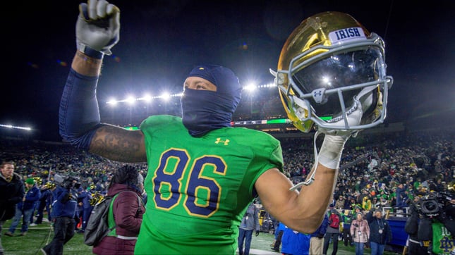 Notre Dame began wearing the green jerseys like these as a motivational ploy in 1977.