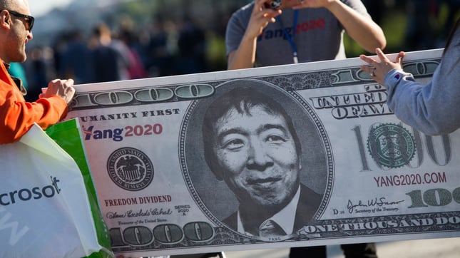 Andrew Yang advocates for universal basic income in the form of $1,000 a month for every American, a popular policy among young voters.