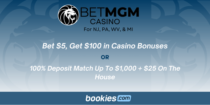 BetMGM Casino Bonus Code BOOKIESBRP: Bet $5 Get $100 In Site Bonuses on Jan 16th