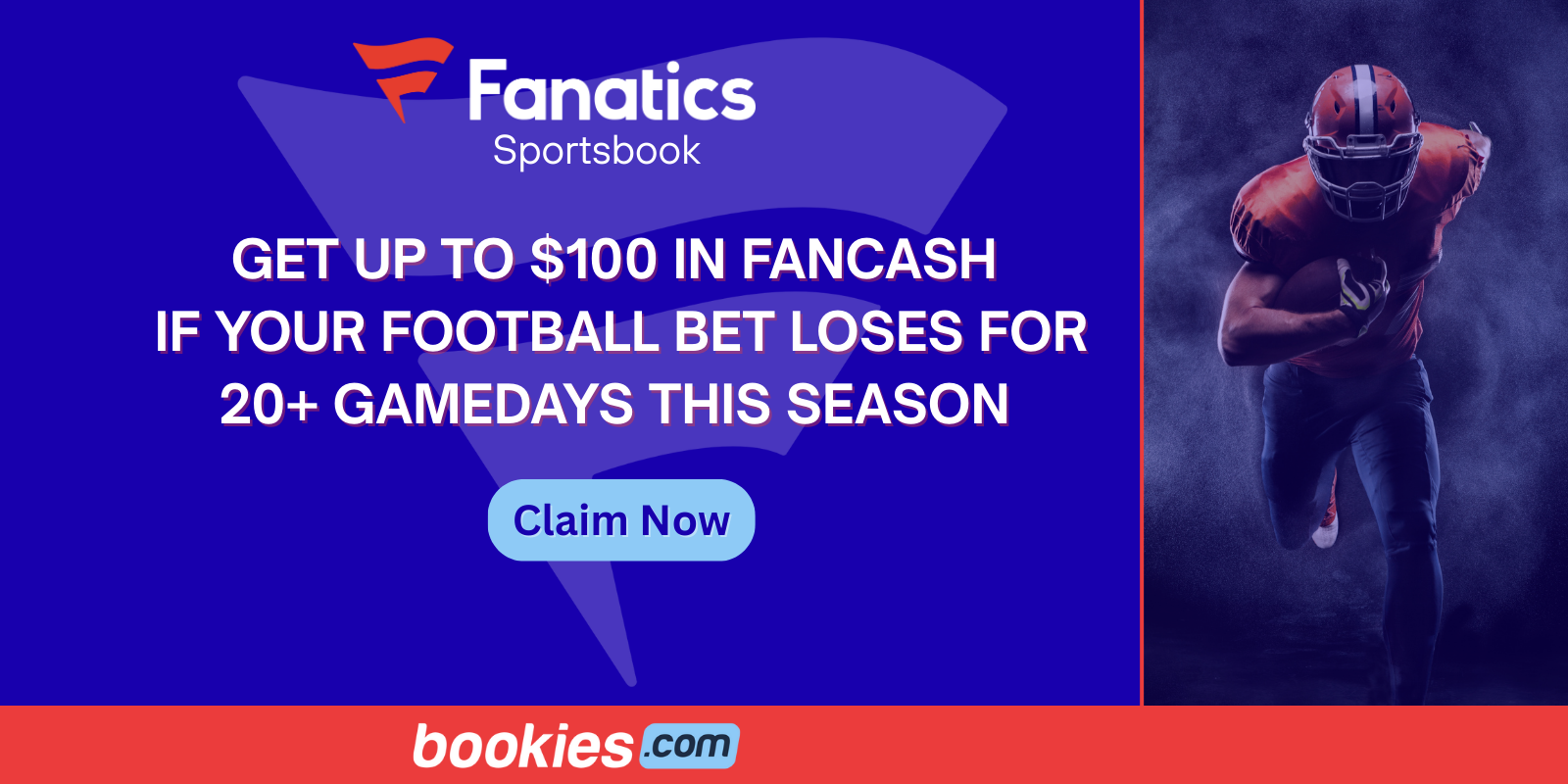 GET UP TO $100 IN FANCASH IF YOUR FOOTBALL BET LOSES FOR 20+ GAMEDAYS THIS SEASON