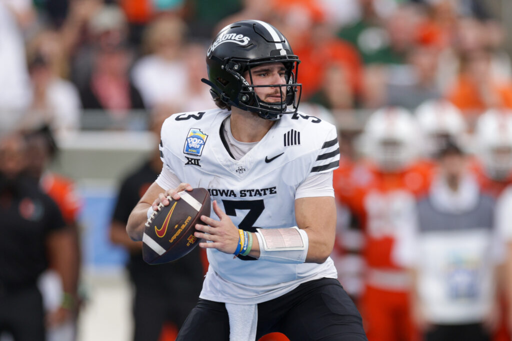 Iowa State Cyclones quarterback Rocco Becht (3) drops back to pass