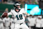 Philadelphia Eagles quarterback Kyle McCord (19) looks to pass the ball