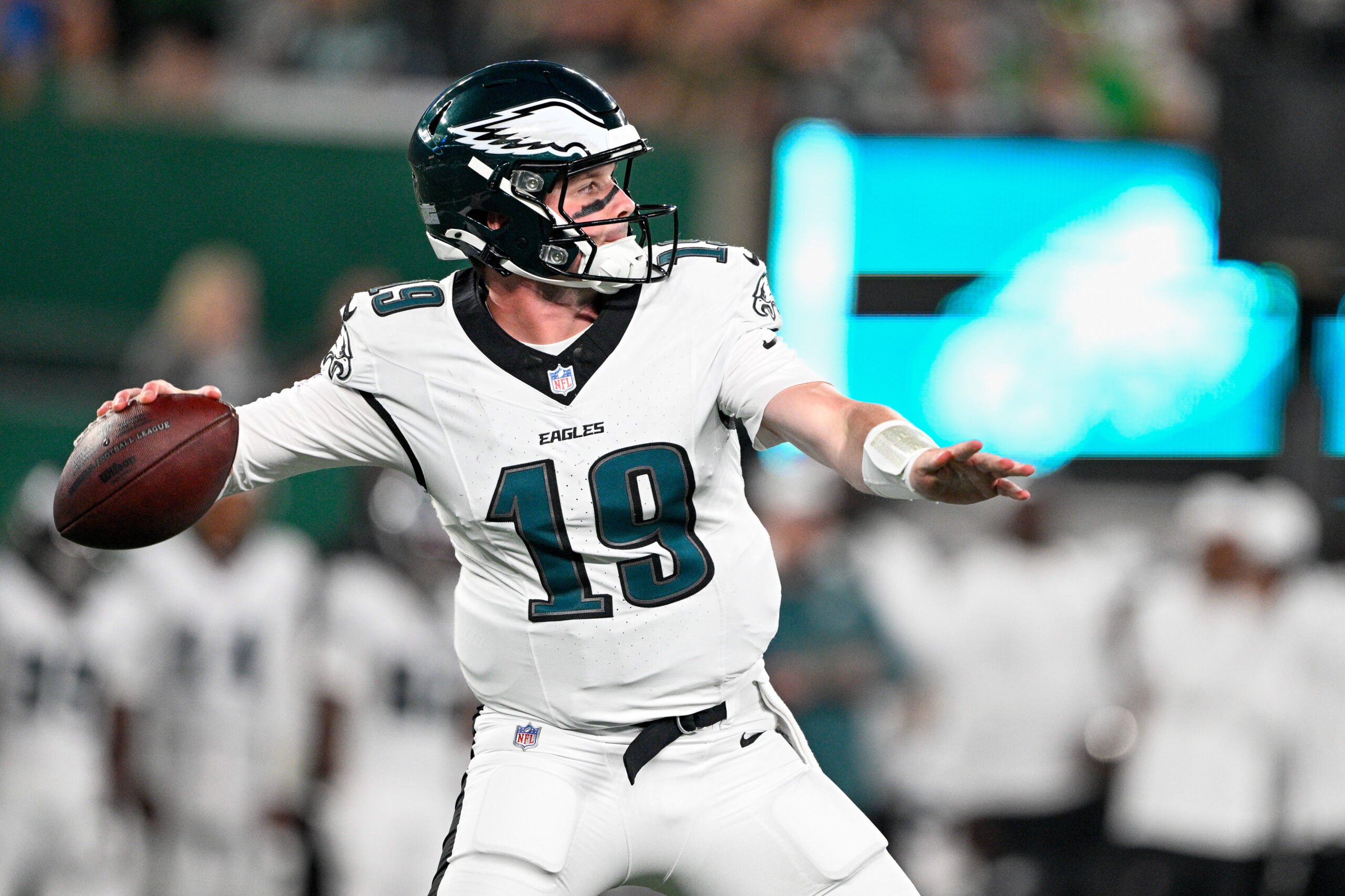 Philadelphia Eagles quarterback Kyle McCord (19) looks to pass the ball