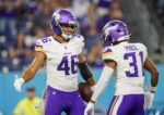 Minnesota Vikings tight end Bryson Nesbit (46) celebrates his touchdown