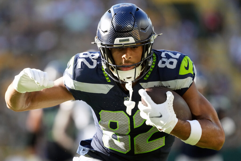 Seattle Seahawks wide receiver Cody White (82) scores a touchdown