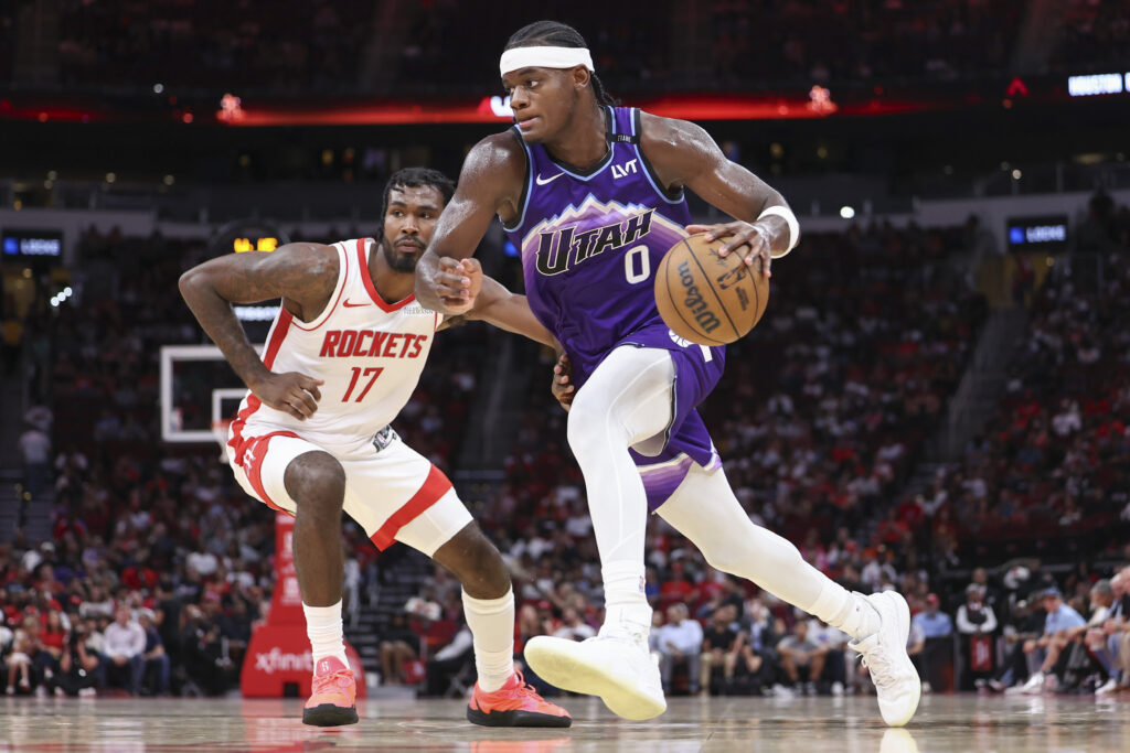 Utah Jazz forward Taylor Hendricks (0). Mandatory Credit: Troy Taormina-Imagn Images