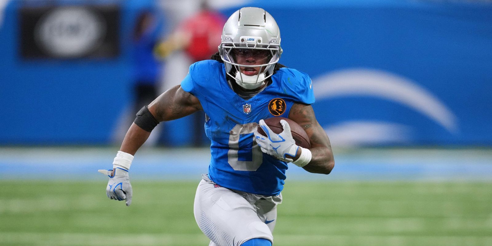 Detroit Lions running back Jahmyr Gibbs (0) (AP Photo/Paul Sancya)