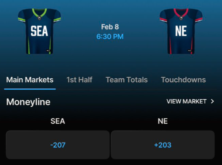 novig super bowl picks sea -207 NE +203