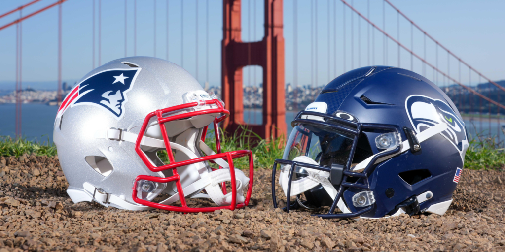 New England Patriots and Seattle Seahawks helmets