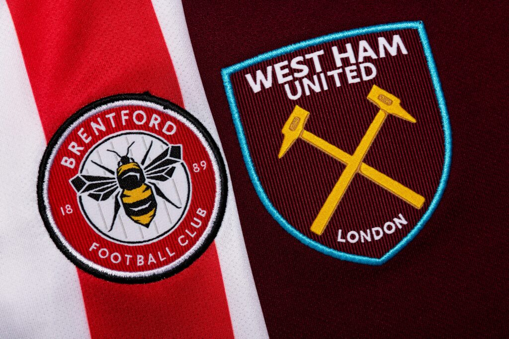 Close up of Brentford and West Ham United club crests