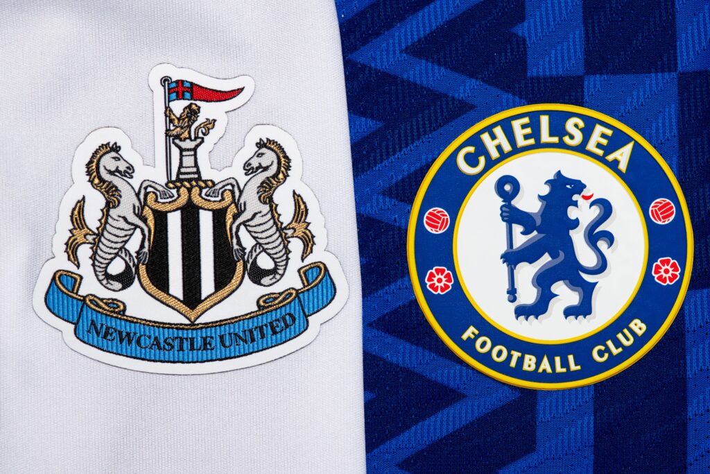 Close up of Chelsea and Newcastle United football club crests