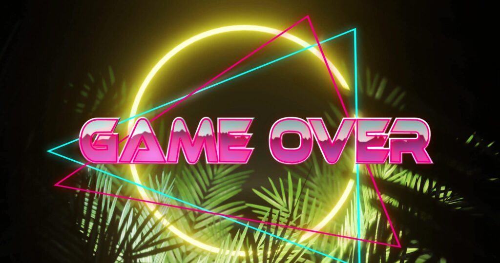 Game Over text image over neon shapes and tropical leaves