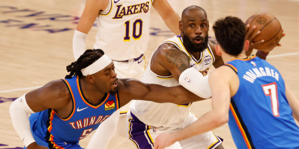 Lakers forward LeBron James (23) dribbles