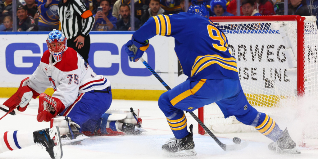 Sabres right wing Josh Doan puts the puck past Montreal Canadiens