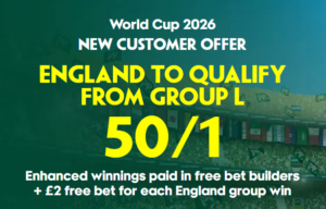 Paddy Power World Cup Free Bets: Get 50/1 on England to Qualify From Group L