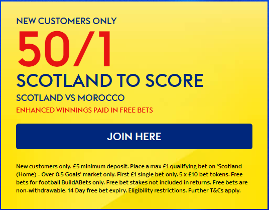 Sky Bet Free Bets: Get 50/1 on Scotland to Score vs Morocco