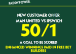 Man United vs Ipswich Free Bets: Get 50/1 on a Goal to be Scored With Paddy Power