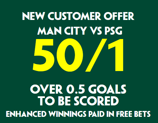 Manchester City vs PSG Odds Boost: Get 50/1 On Over 0.5 Goals in Champions League